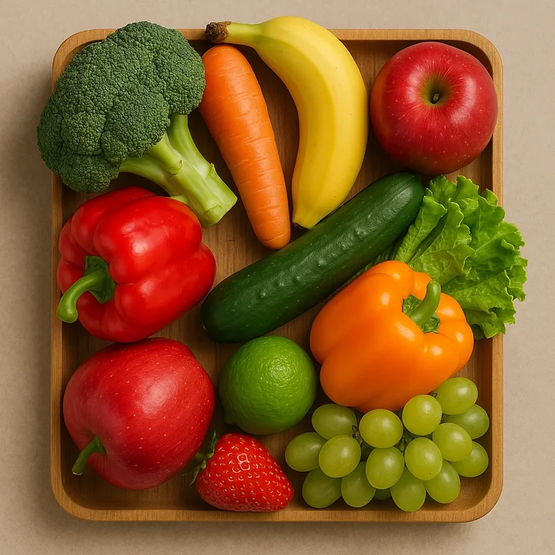 resh fruits and vegetables including broccoli, bell pepper, cucumber, apple, and banana – Bitebene food health benefits