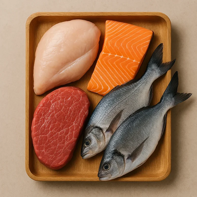 Lean cuts of meat, salmon, fish, and chicken on a wooden tray – Bitebene healthy eating blog