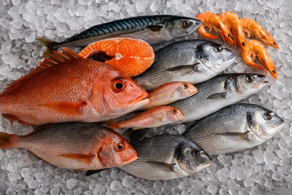 Fresh fish and seafood on ice red snapper, salmon, mackerel, and shrimp for a balanced diet. Discover more at Bitebene.