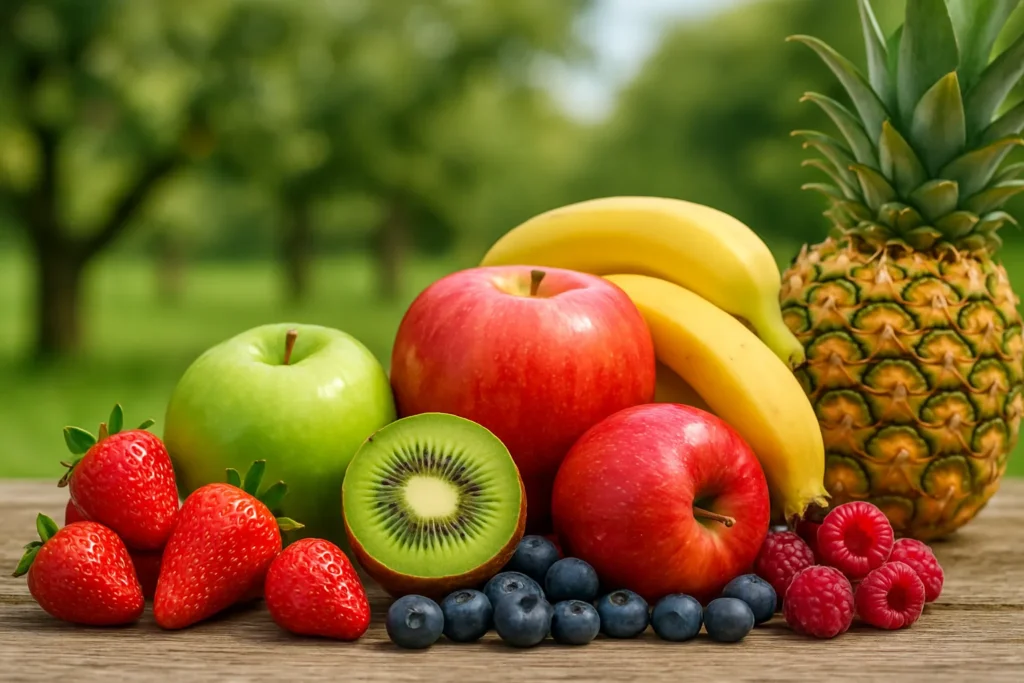 A colorful arrangement of fresh fruits including apples, bananas, kiwi, strawberries, blueberries, raspberries, and pineapple perfect for a vibrant and healthy lifestyle | Bitebene