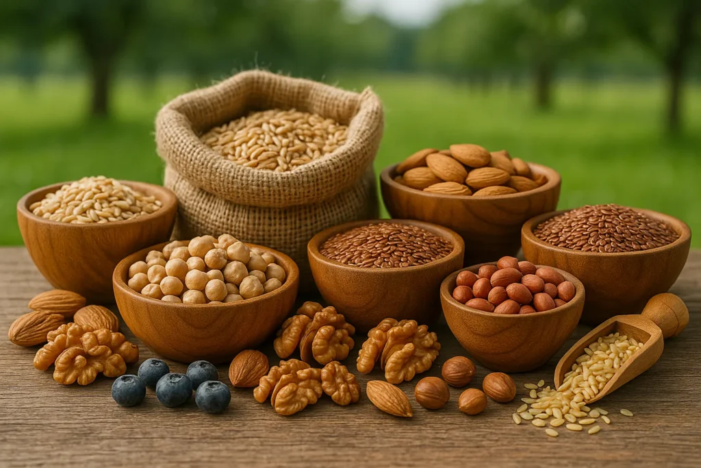 A rustic display of healthy grains and nuts including almonds, walnuts, chickpeas, flaxseeds, and rice rich in nutrients and fiber | Bitebene