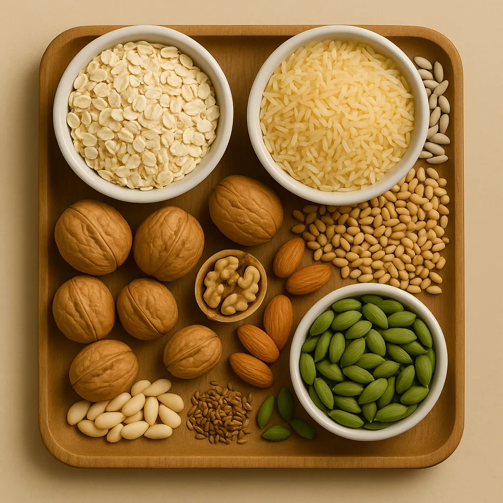 Assorted healthy grains and nuts including rice, oats, almonds, and walnuts – Bitebene nutrition tips