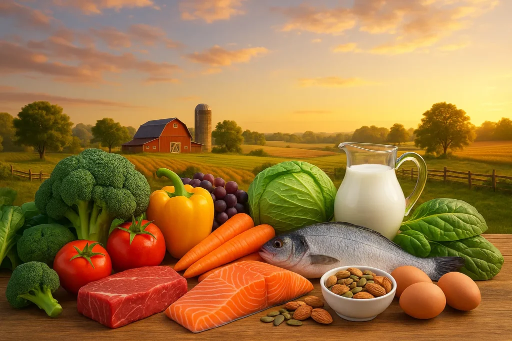 Fresh natural foods including vegetables, fish, meat, dairy, and nuts on a farm background – Bitebene healthy eating blog