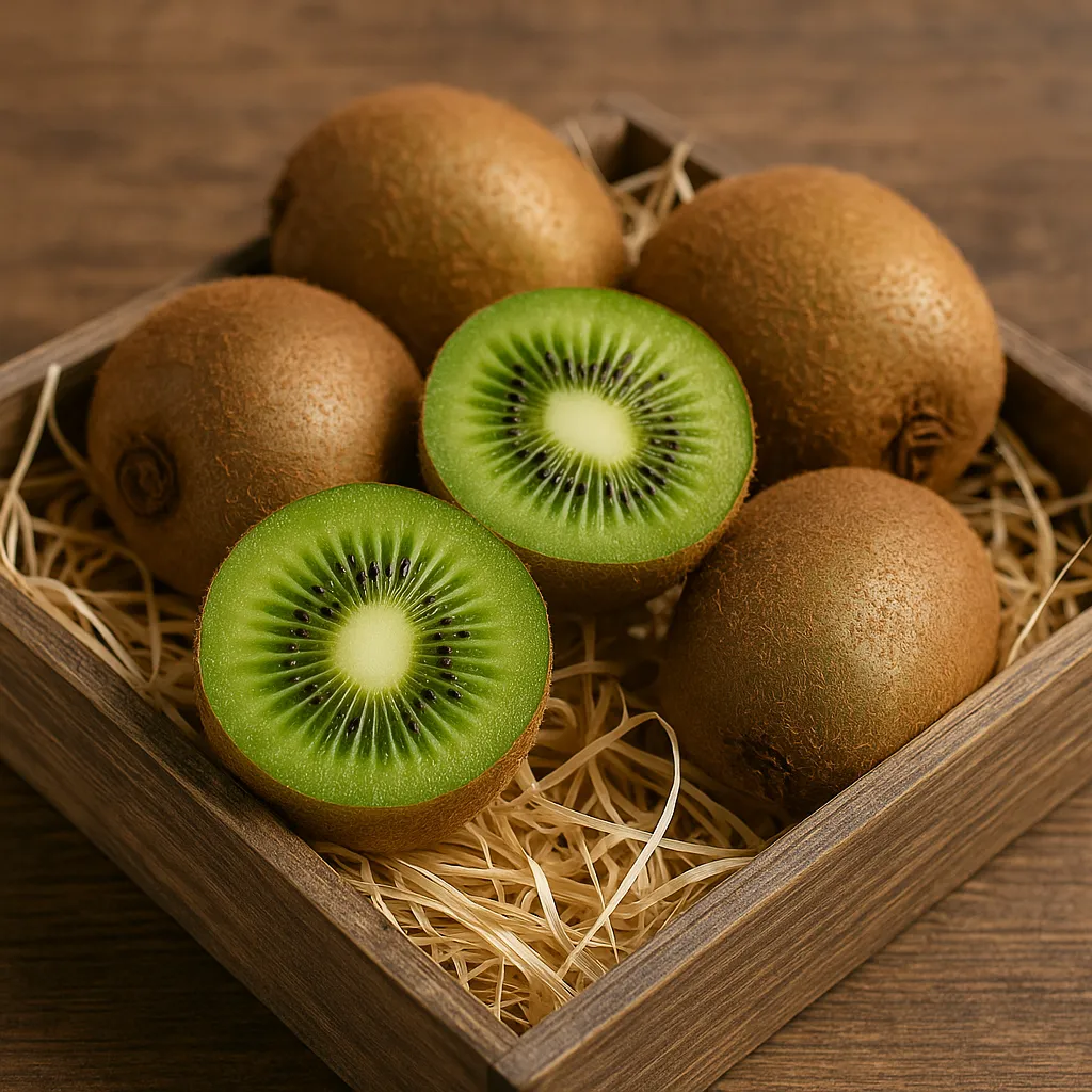 Fresh whole and sliced kiwi fruits in a rustic wooden crate—rich in fiber, vitamin C, and antioxidants, showcasing the health benefits of kiwi.