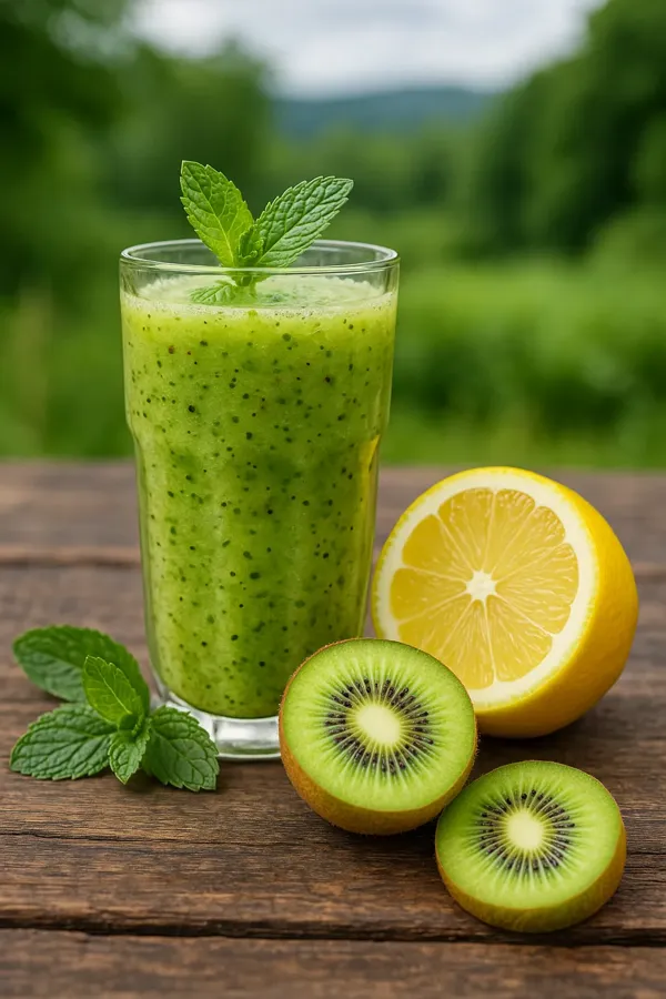 Glass of kiwi, lemon, and mint juice on a rustic wooden table—fresh summer drink rich in vitamin C and highlighting the health benefits of kiwi.