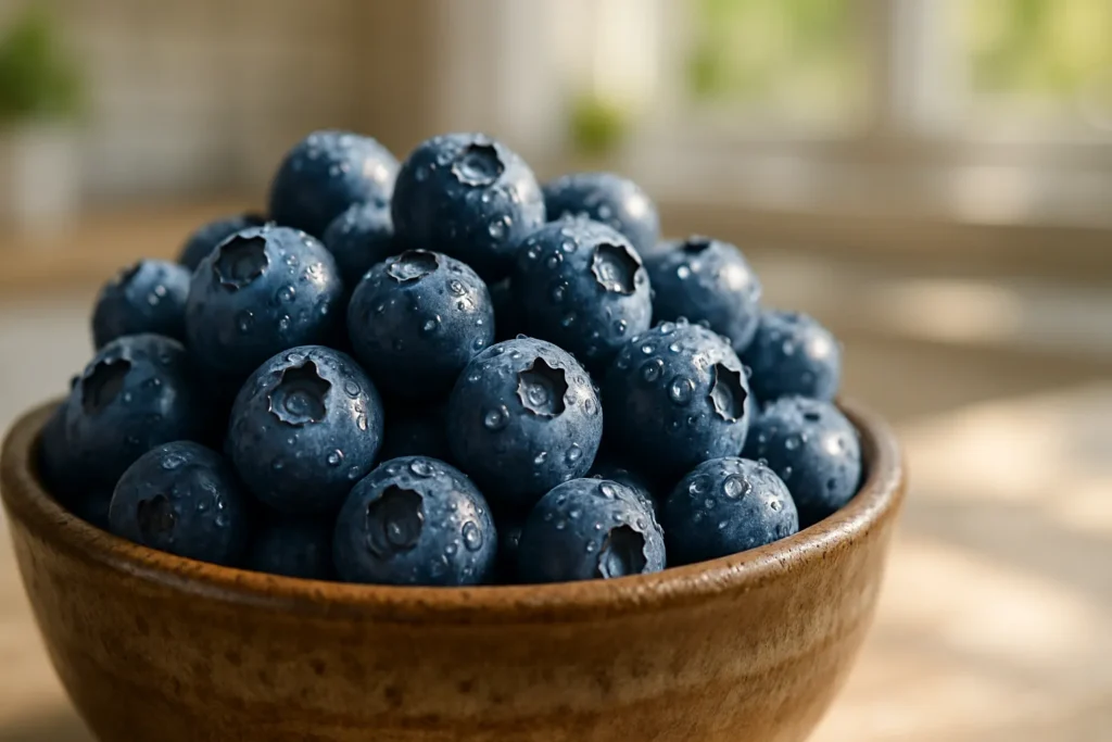 "A rustic bowl of fresh blueberries, illustrating why they are considered a healthy superfood rich in antioxidants."