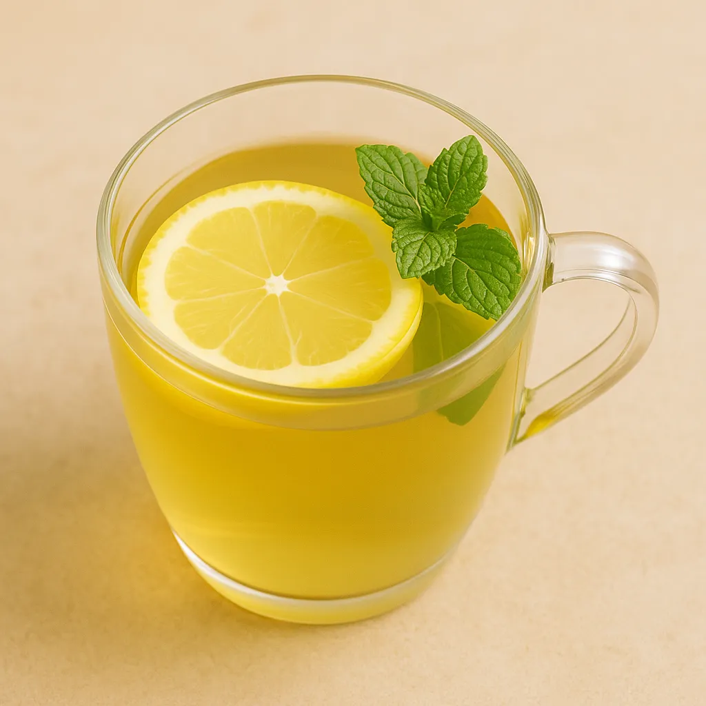 A clear glass cup filled with hot mint tea and a slice of lemon, illustrating the benefits of lemon as a refreshing and detox-friendly morning ritual