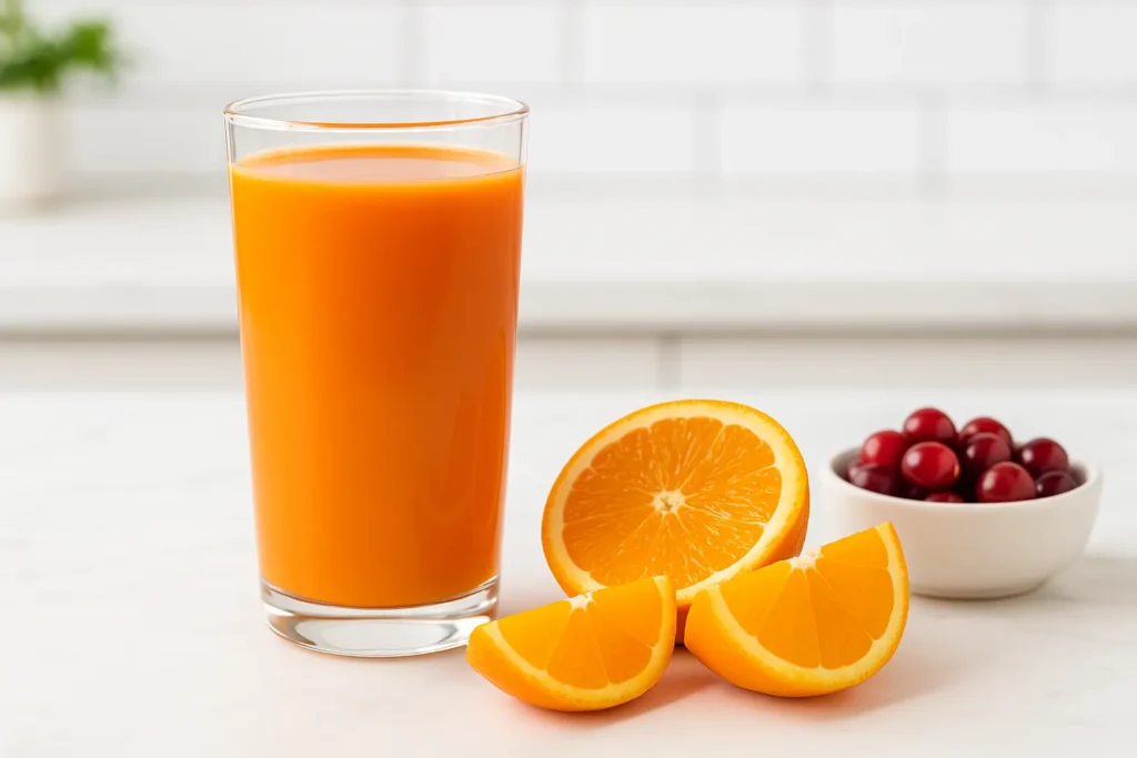 Refreshing carrot orange juice and cranberries showing the final benefits of orange