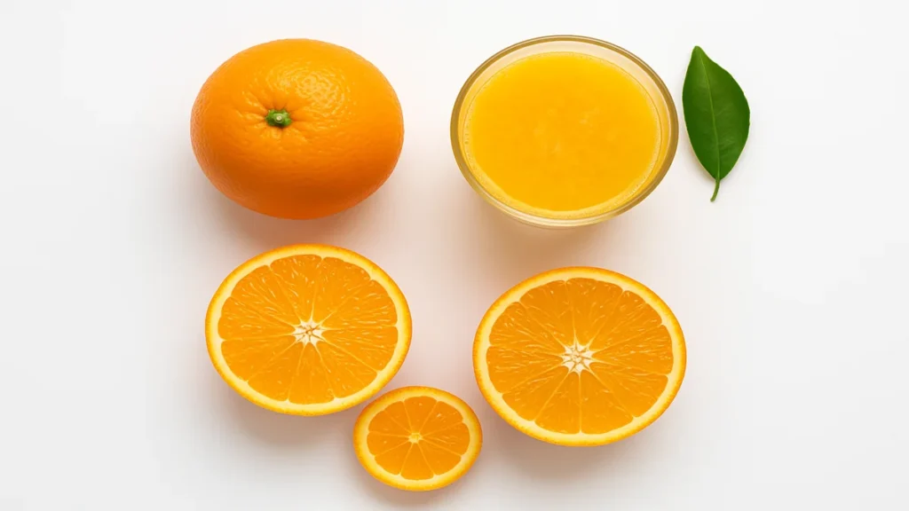 Top-down view of fresh oranges and juice on a white background, visually representing the benefits of orange in a clean and vibrant way.