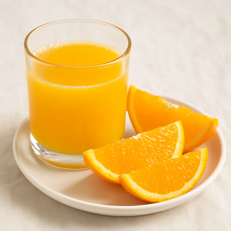 Freshly squeezed orange juice in a glass with chilled slices on the side, illustrating the benefits of orange in a natural and energizing morning scene.