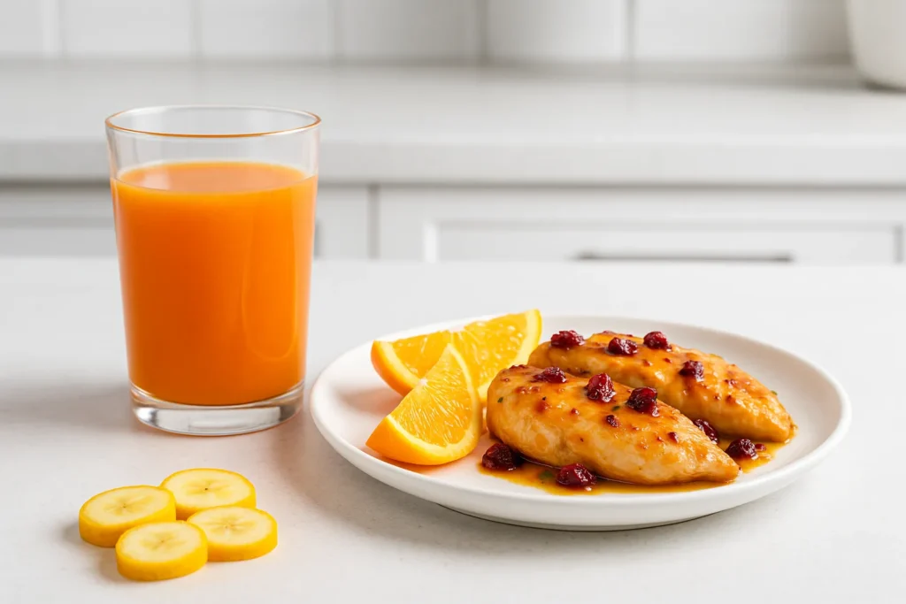 Carrot orange juice and orange cranberry chicken showing preparation ideas and benefits of orange