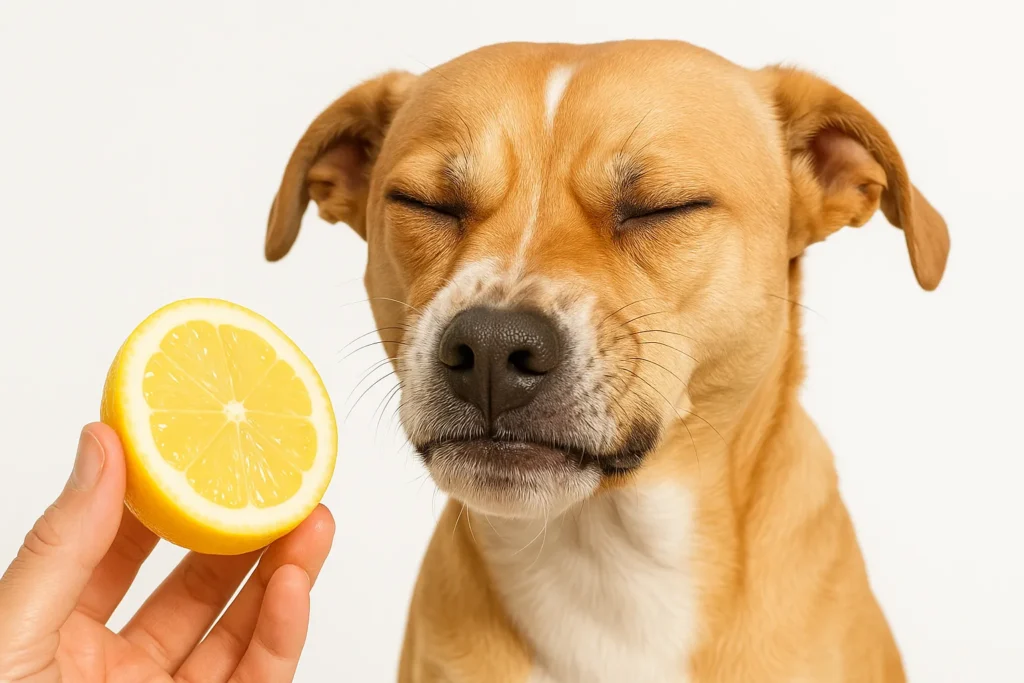 A dog sniffing a lemon with a funny face