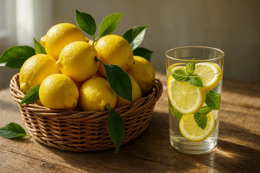 Current image: A basket of bright yellow lemons with green leaves and a glass of lemon water.