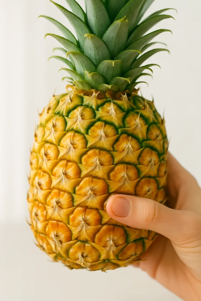 Close-up shot of a fresh pineapple showing the golden-yellow textured skin and green crown, gently held by a hand for selection.”