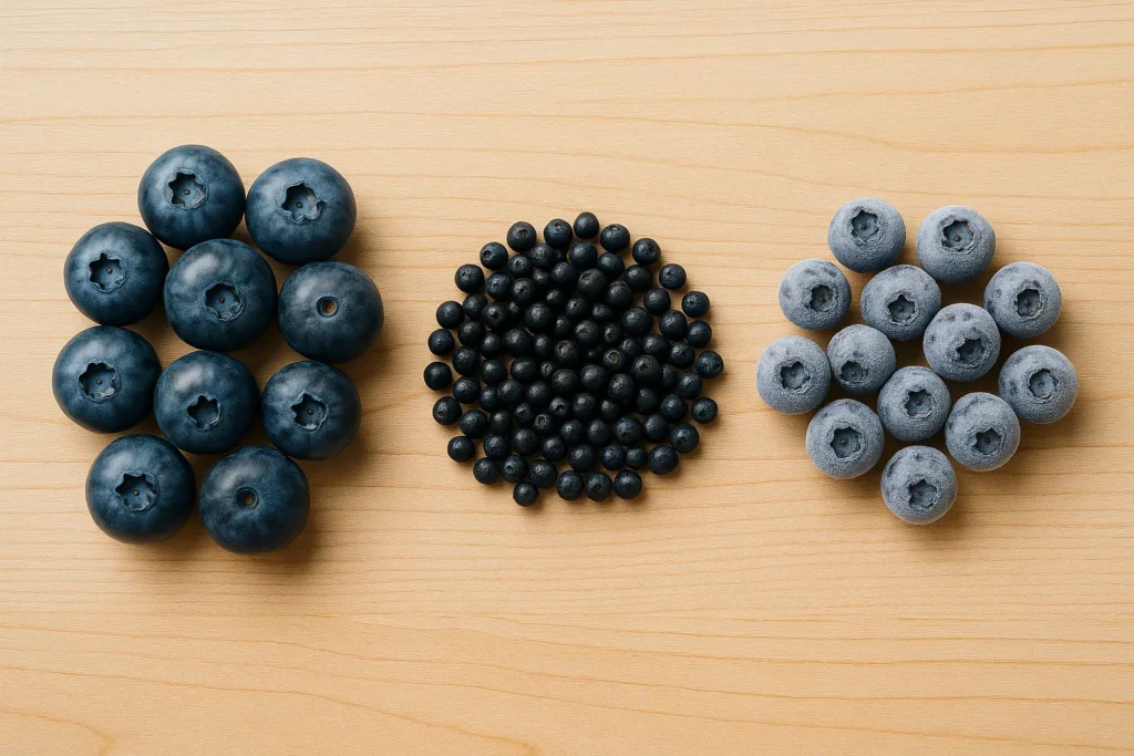 Top-down comparison view showing piles of fresh jumbo blueberries, small wild blueberries, and icy frozen blueberries.