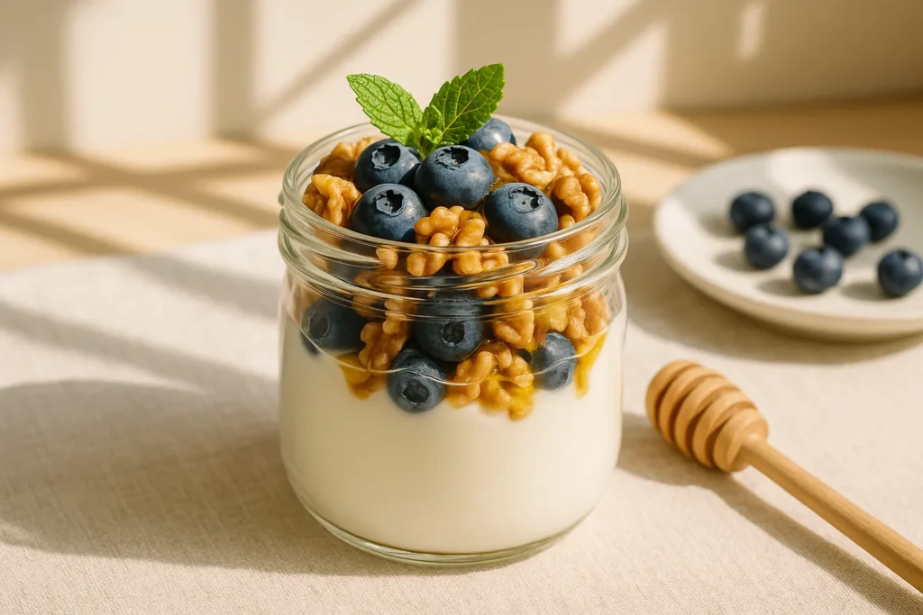 Jar of Greek yogurt topped with fresh blueberries, walnuts, and honey as a healthy breakfast option.