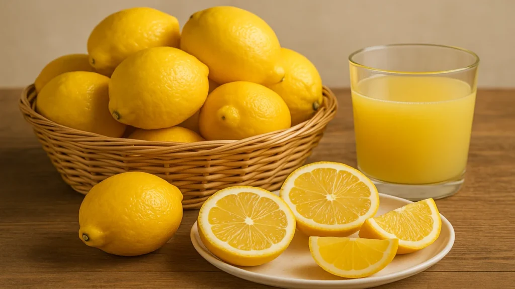 A basket of fresh lemons with a glass of lemon juice on a wooden table, visually highlighting natural lemon benefits in a healthy lifestyle setting.