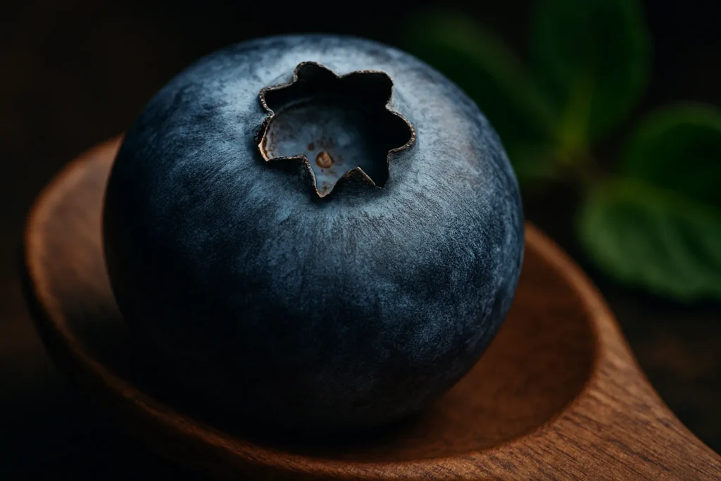 Extreme macro shot showing the textured skin and natural protective bloom on a single wild blueberry.")