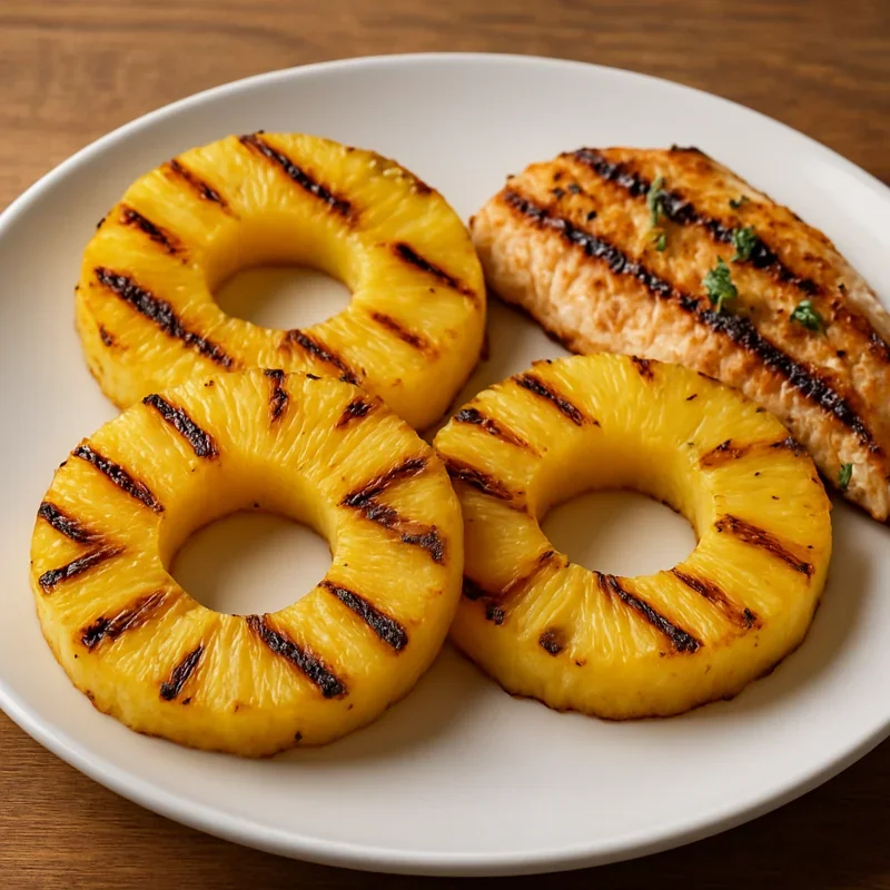Grilled pineapple rings paired with protein, highlighting the pineapple of benefits for balanced meals and tropical flavor