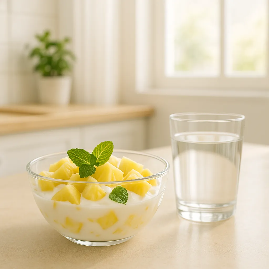 Bright morning kitchen scene showing a glass bowl of pineapple chunks mixed with yogurt and topped with fresh mint, next to a glass of water on a white countertop. Minimalist, fresh, and digestion-friendly breakfast.