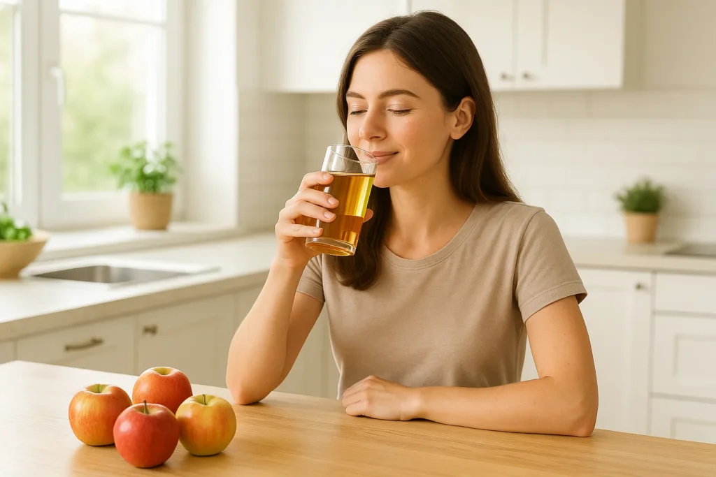 woman drinking apple juice in a bright kitchen with fresh apples