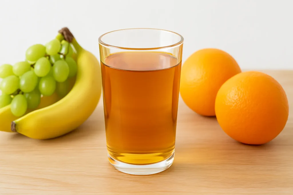 benefits of apple juice with bananas, oranges, and grapes on a wooden table