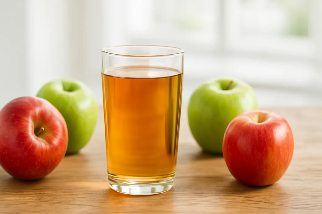 benefits of apple juice with fresh red and green apples on a wooden table