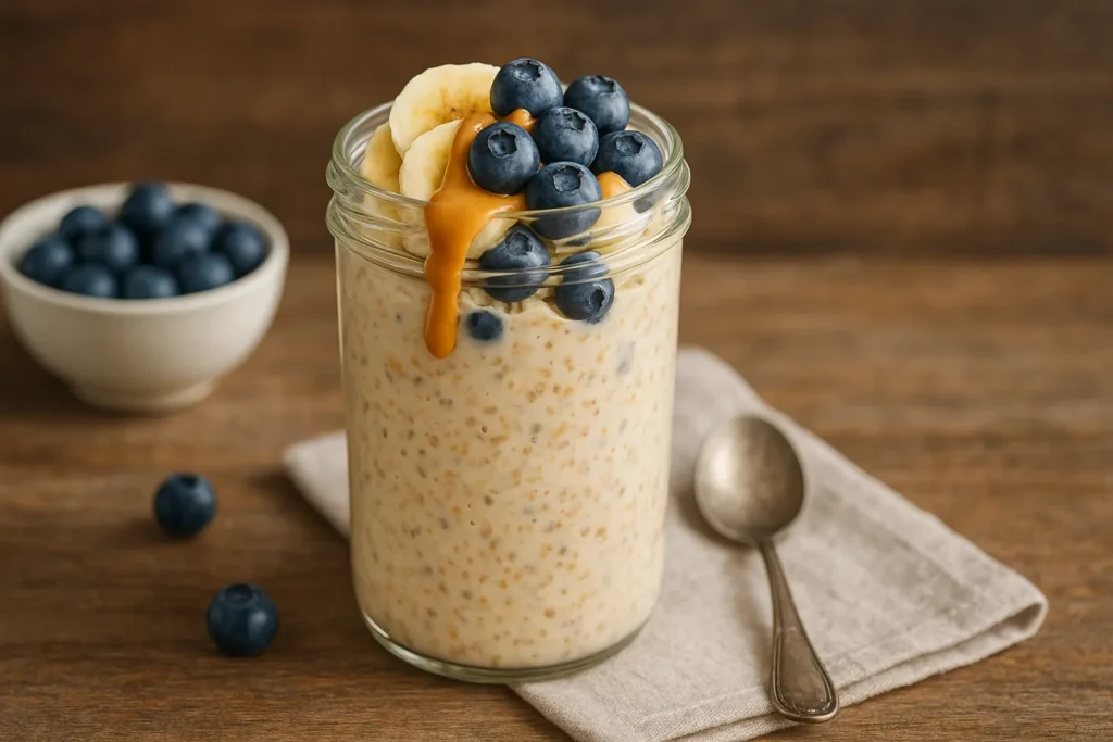 high protein overnight oats recipe with banana and berries in a glass jar
