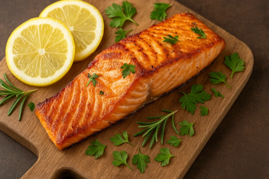 Salmon nutrition benefits with grilled salmon fillet
