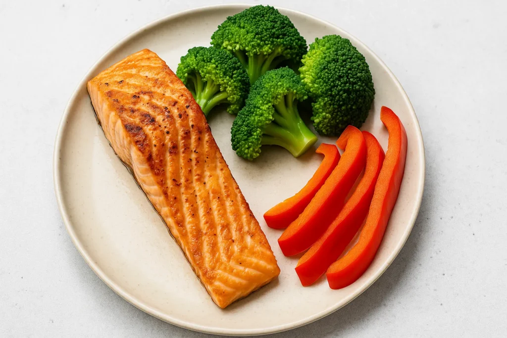 Salmon nutrition with grilled salmon fillet, broccoli, and red bell peppers rich in vitamin C.