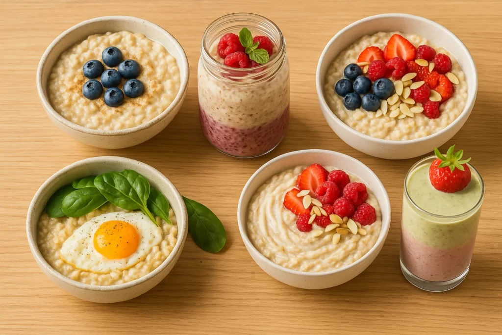 A flat lay of 5 diverse and delicious oats recipes for weight loss.