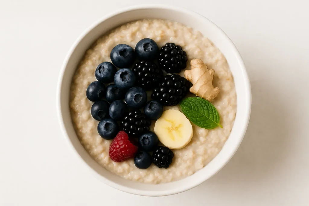 Flat stomach oats recipe with antioxidant-rich berries and fresh ginger.