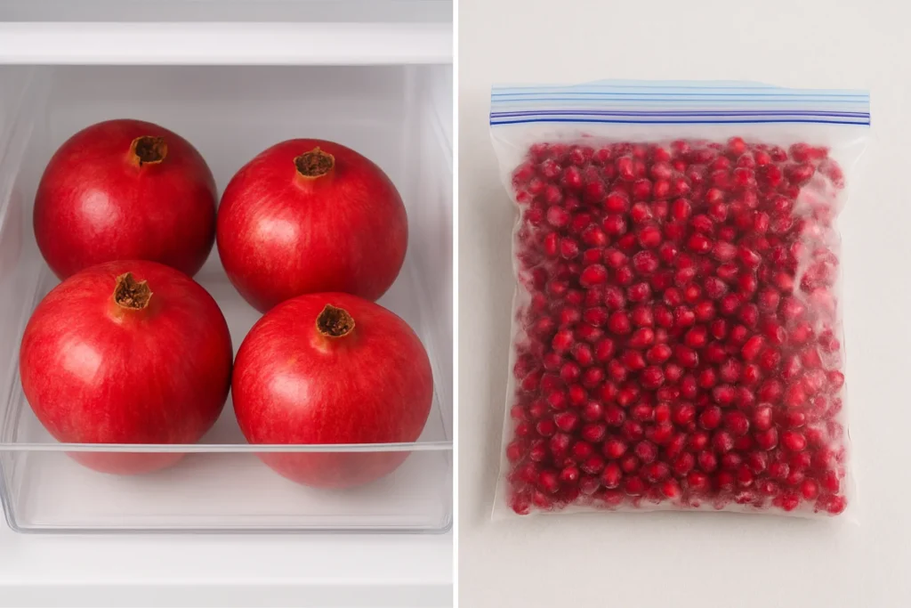 Effective pomegranate storage methods: whole fruit refrigerated and arils frozen for long-term use.