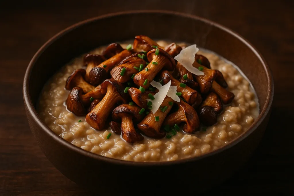 Creamy mushroom and Parmesan savory oats, a high-protein dinner recipe.