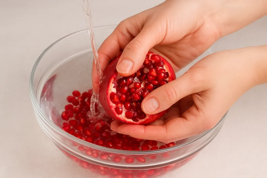 Close-up view of the water method for deseeding a pomegranate easily and without making a mess.