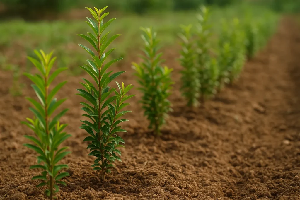Young pomegranate trees growing rapidly in an agricultural field, showcasing the vitality of the saplings.
