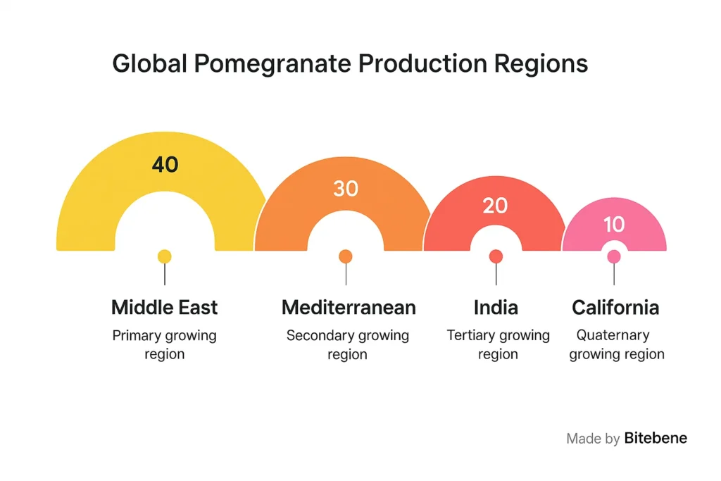 A world map showing where do pomegranates grow, including historical and modern fruit-producing regions
