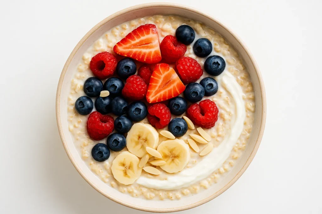 High-protein oats recipe for weight loss with Greek yogurt and fresh berries.