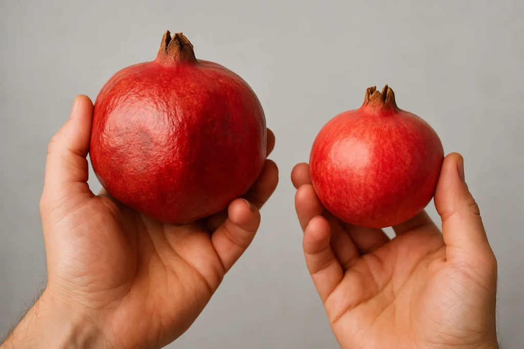 Hand comparing a heavy, ripe pomegranate with a lighter, shriveled one to demonstrate selection tips.