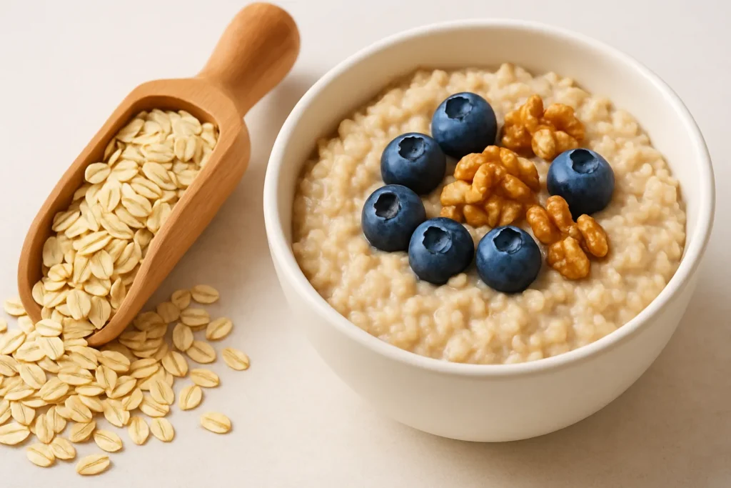 Oats Nutrition Facts: Bowl of oatmeal with berries and dry rolled oats.