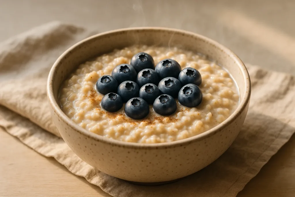 Current image: A classic bowl of warm oats for a weight loss breakfast, topped with blueberries.