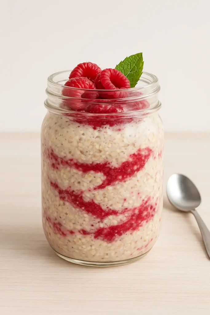 A simple overnight oats recipe for weight loss in a mason jar with raspberries.
