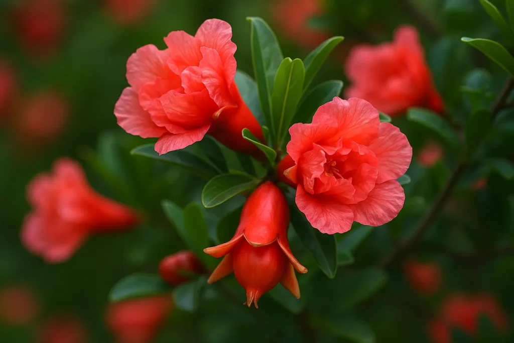 Vibrant pink pomegranate blossoms on a tree branch, representing the start of the fruit's life cycle.