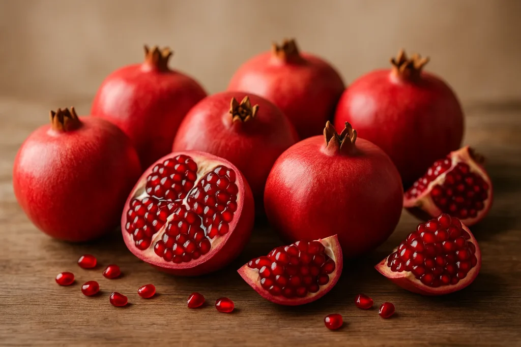Fresh pomegranates on a rustic wooden table during peak pomegranate season, showing vibrant red seeds and natural light