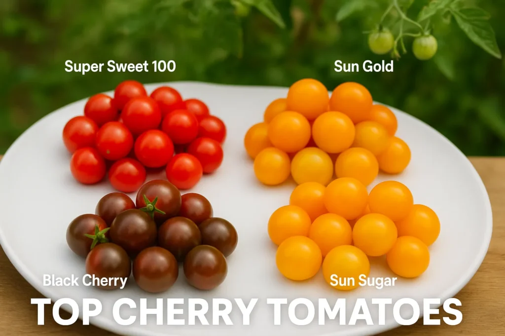A flat lay image of four piles of cherry tomatoes—Super Sweet 100 (red), Sun Gold (orange), Sun Sugar (yellow-orange), and Black Cherry (dark purple)—arranged on a white plate with a blurred garden background and the text “Top Cherry Tomatoes” at the bottom.