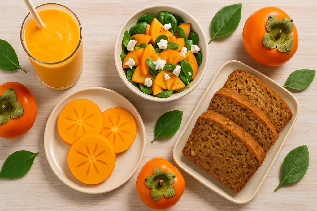 Easy persimmon recipes: A beautiful flat lay showing a persimmon smoothie, salad, and baked slices, inspiring new cooking ideas."