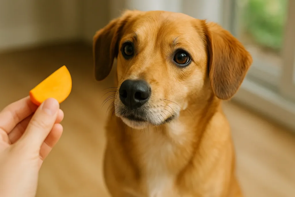 Can dogs eat persimmons? A friendly dog looks at a safely prepared, seedless persimmon slice, illustrating careful feeding practices."