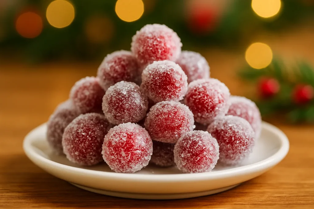 Glistening candied cranberries on a white plate, ready for holiday garnishing
