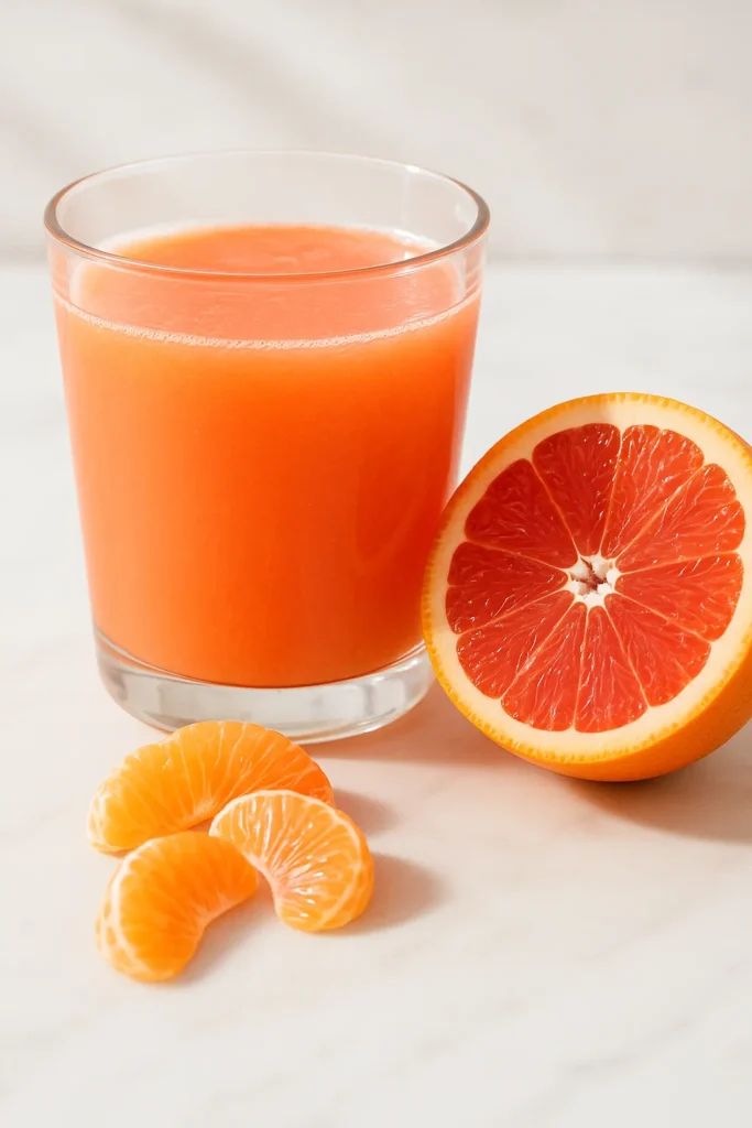 Freshly squeezed Cara Cara orange juice showing its unique pink color.