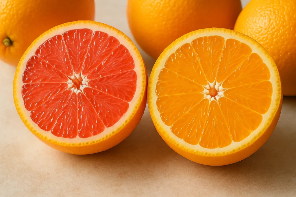 Cara Cara Orange cut open showing pink flesh compared to a regular navel orange.